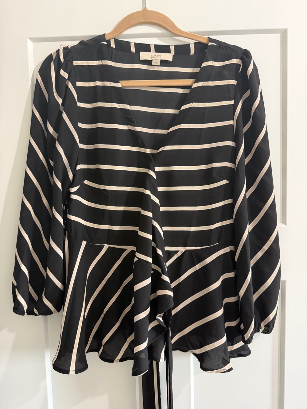 LOFT Black and White Striped Long-Sleeve V-Neck Wrap Peplum Top